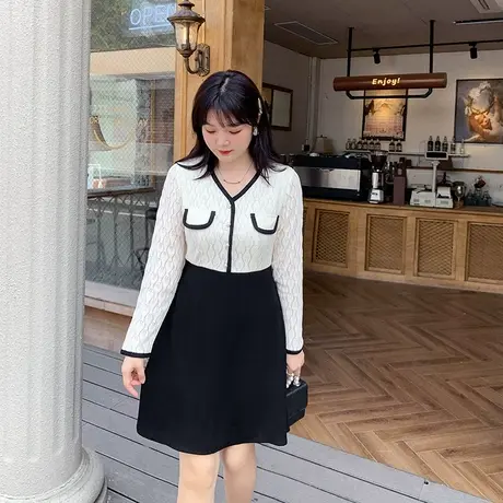 2023夏季新款V领气质轻奢撞色拼接蕾丝显瘦大码胖MM连衣裙遮肚子商品大图