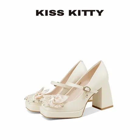 KISSKITTY蝴蝶结玛丽珍鞋女25年夏新款粗跟方头高跟鞋通勤不累脚图片