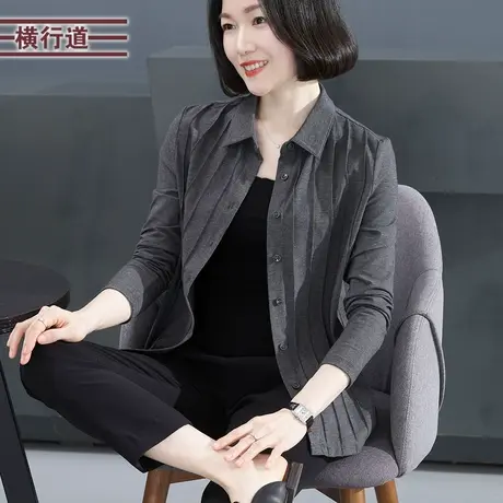 2023新款冬装翻领折条纯色长袖衬衣气质宽松女装衬衫大码妈妈上衣商品大图