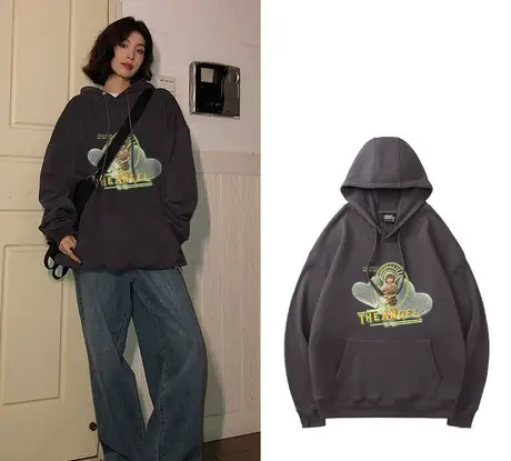 欧货2021冬装新款深灰色卫衣宽松简约oversize上衣加绒炸街酷女孩商品大图