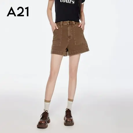 A21女装口袋高腰休闲短裤2025夏季新款简约设计感宽松显瘦直筒裤图片