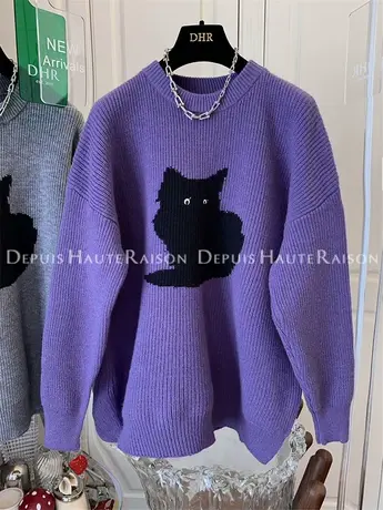 复古猫咪中长款毛衣针织衫女宽松休闲慵懒风2022冬季新款粗棒针潮商品大图