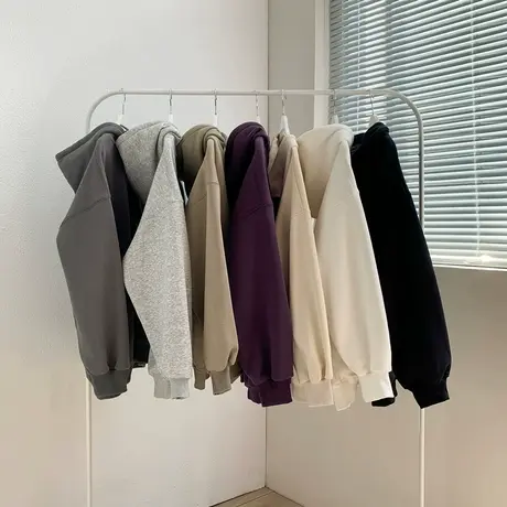 港风春秋卫衣男2023秋装纯色连帽外套韩版潮流宽松大码情侣套头衫商品大图