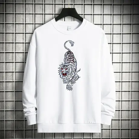 重磅纯棉卫衣男2023新款摇粒绒白色长袖t恤国潮老虎圆领无帽上衣图片