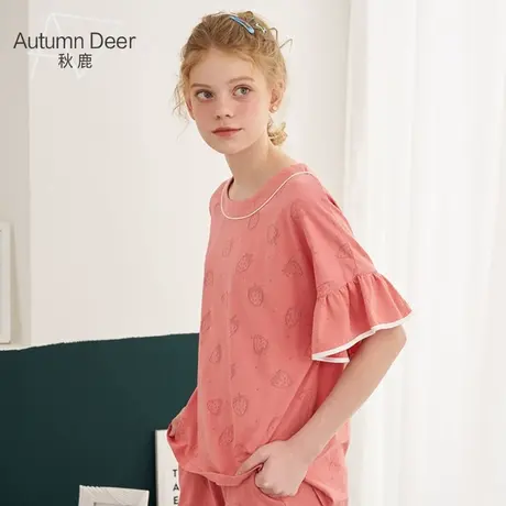 秋鹿春夏棉质甜美可爱中袖纯色家居服女夏天薄款短裤睡衣套装商品大图