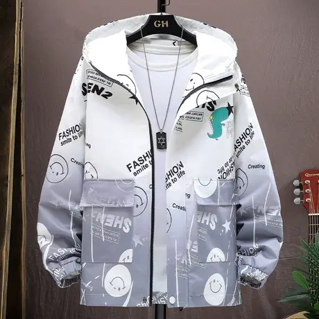 渐变工装外套男春秋休闲宽松连帽上衣服男装小众设计感冲锋衣夹克商品大图