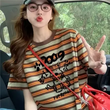 美式设计感条纹印花T恤女2025夏季爆款宽松百搭小众减龄短袖上衣商品大图