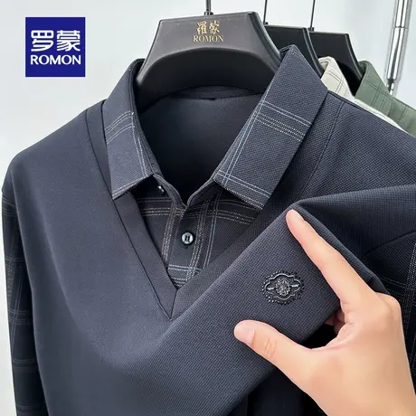 罗蒙男士商务休闲假两件针织衫2025秋季新款修身百搭格子翻领毛衣商品大图