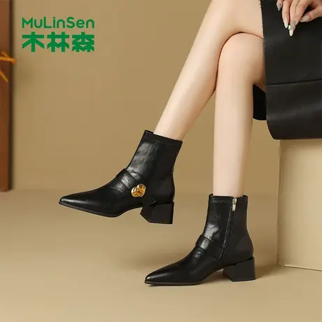 木林森女鞋2025秋季新款复古尖头瘦瘦靴粗跟百搭马丁靴女士中筒靴图片