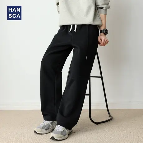 hansca秋季黑色直筒卫裤男2025新款宽松抽绳个性拼接贴布休闲长裤图片