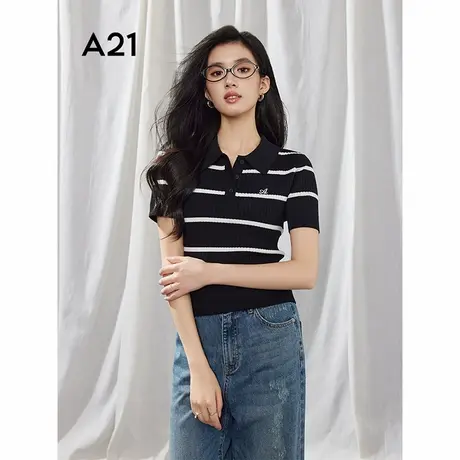 A21女装黑色直筒短袖毛针织衫2025春季新款简约半开翻领条纹上衣图片
