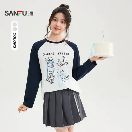 三福长T恤2025秋季蝴蝶结小猫印花插肩袖上衣女装508616商品大图