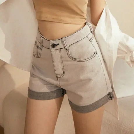 桔熊夏季水洗牛仔短裤子女修身口袋磨白高腰a字短裤潮BA7189商品大图