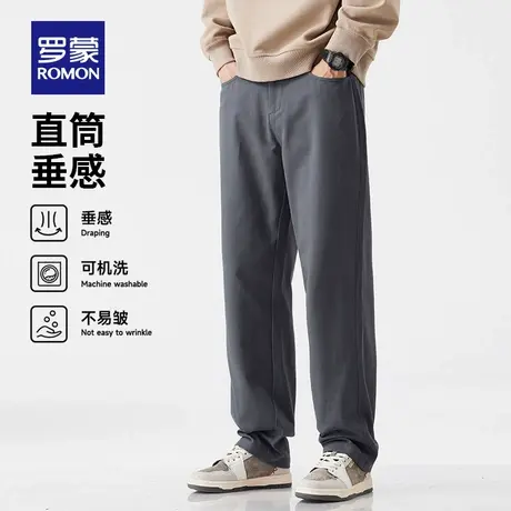 【纯棉】罗蒙男士半松紧腰休闲长裤2025秋季新款时尚潮流直筒长裤商品大图