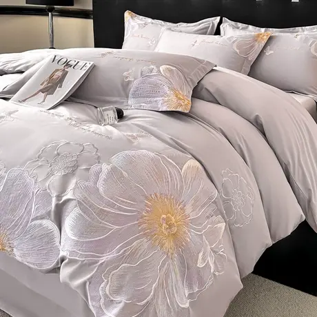 恒源祥全棉绣花四件套四季通用床单式简约纯棉单双人家用床上用品商品大图
