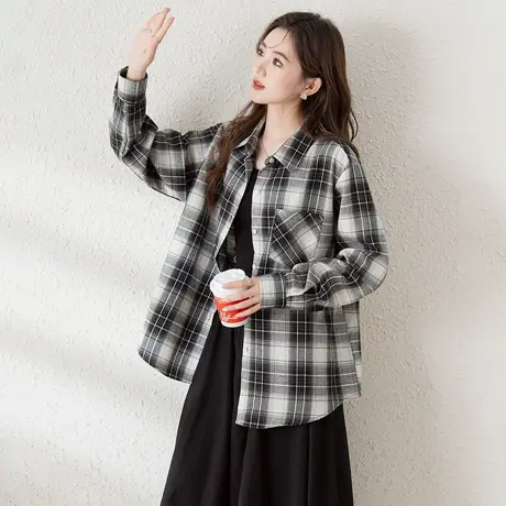 唐狮新款长袖衬衫女黑白格子翻领百搭宽松休闲慵懒风上衣blTM商品大图