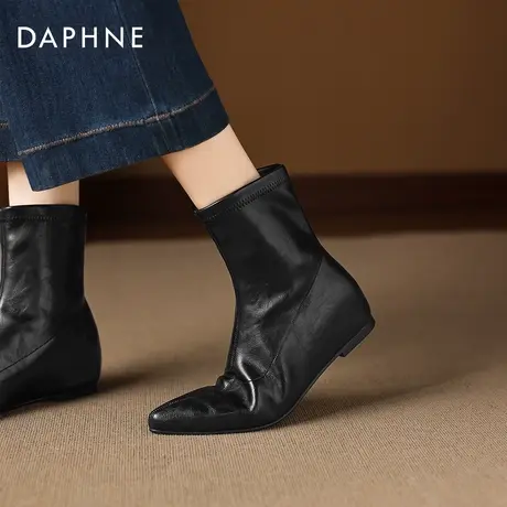 达芙妮黑色平底短靴女冬季2026新款加绒尖头瘦瘦靴内增高马丁女靴商品大图