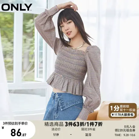 【买5免1】ONLY奥莱夏季复古短款版型泡泡袖设计长袖方领衬衫女商品大图