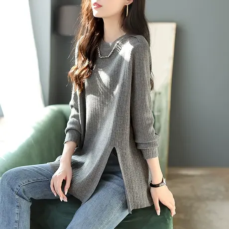 宝诗黎链条侧开叉纯色圆领针织衫女秋季2023灰色新款休闲羊毛上衣图片