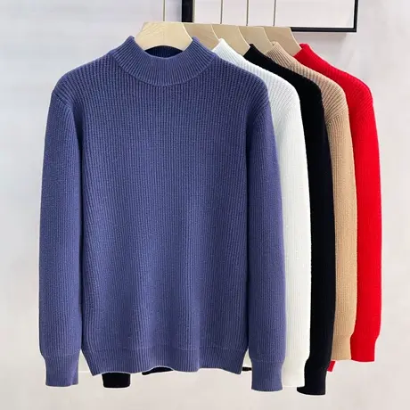 加厚宽松半高领毛衣男2023秋冬季基础款打底纯白色百搭中领针织衫商品大图