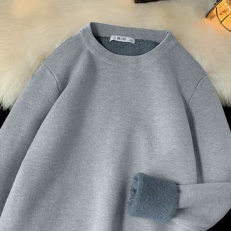 圆领毛衣男秋冬季内搭打底衫日系潮流针织衫一体绒加厚毛线衣毛衫商品大图