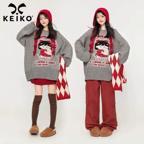 KEIKO 美式复古灰色毛衣厚款2023秋冬慵懒风宽松圆领套头针织毛衫商品大图
