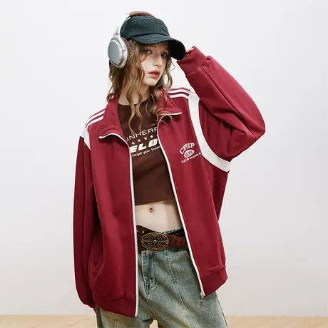 美式拼接运动外套女春秋2023新款复古宽松夹克ins潮牌情侣装上衣商品大图