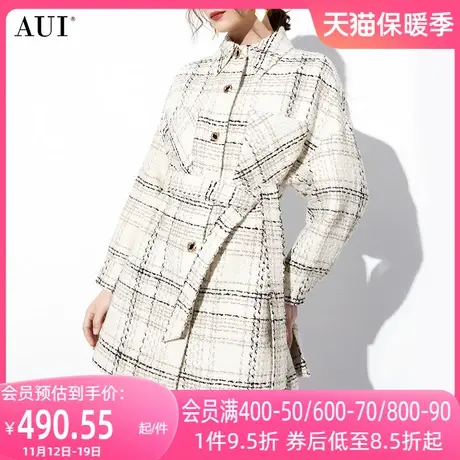 AUI杏色格子名媛气质小香风外套女2023冬新款高端中长款修身大衣商品大图