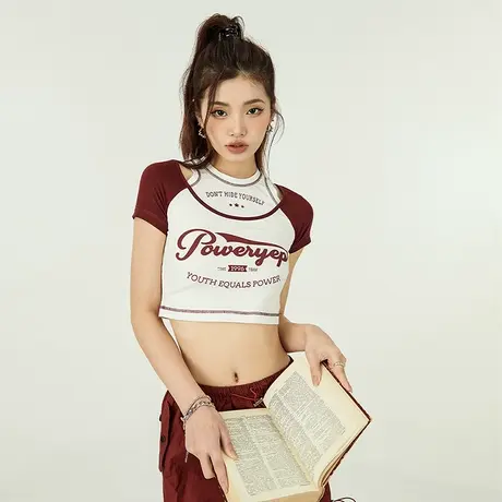 t恤美式复古短款辣妹女短袖2023新款夏季设计感假两件bm上衣潮商品大图