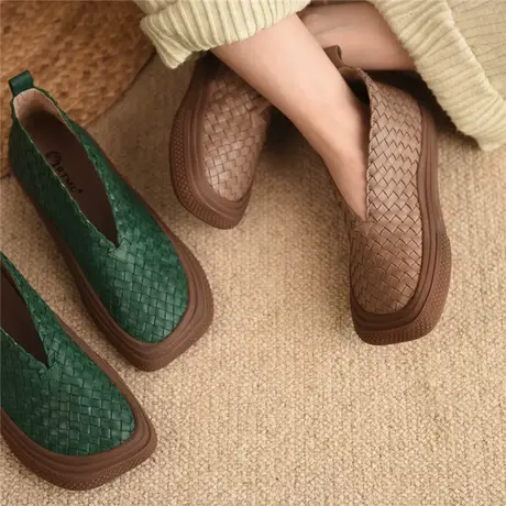 Artmu阿木原创复古短靴女春秋单靴真皮手工编织方头丑萌鞋新款商品大图