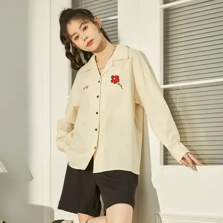 唐狮春秋v领长袖衬衫女士设计感刺绣衬衫衣服甜美港味学院风上衣图片