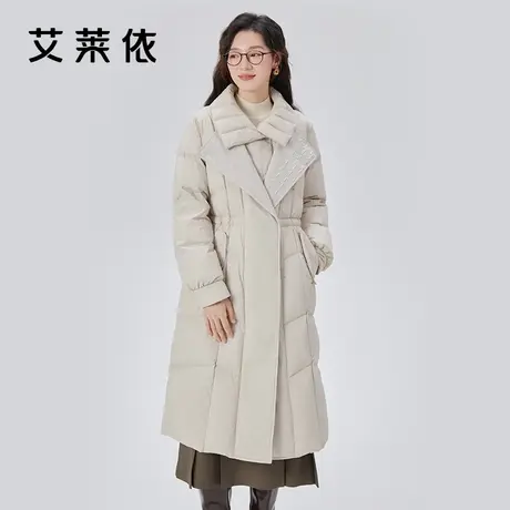 艾莱依收腰羽绒服女2023新款假两件式长款设计感双层领鸭绒外套冬商品大图