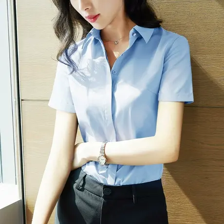 短袖女夏装新款法式工作服衬衣正装工装高级感面试职业蓝色衬衫女商品大图