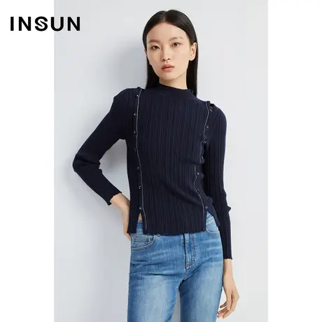INSUN恩裳奥莱秋季纽扣显瘦坑条修身针织衫商品大图