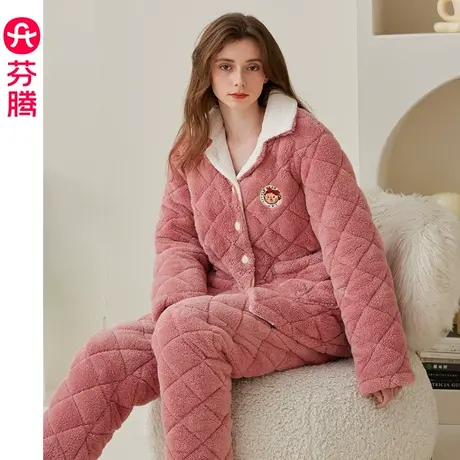 芬腾抗静电夹棉睡衣女冬季三层加厚加绒棉袄卡通珊瑚绒家居服套装商品大图