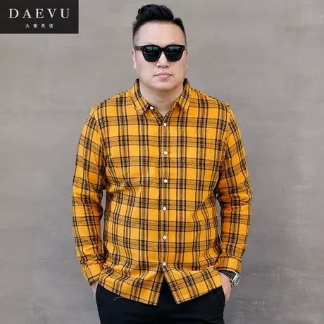 秋新款黄格子磨毛韩版潮胖子大号加肥加大码男士长袖衬衫衬衣商品大图