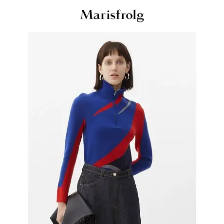 玛丝菲尔拼色套头毛衣女2019冬季新款女装羊毛针织衫商品大图