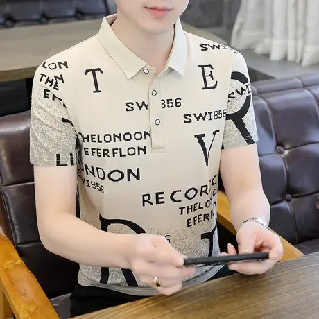 夏季印花短袖t恤男士翻领polo衫修身半袖男装T潮流上衣服带领体恤商品大图