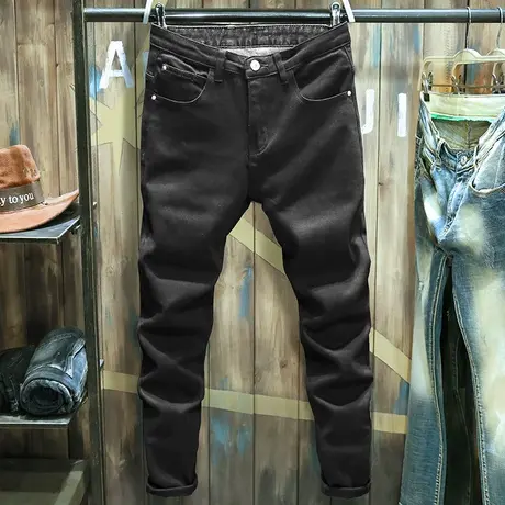 春秋款纯黑色牛仔裤男潮牌修身小脚裤子弹力韩版无工艺水洗休闲裤商品大图