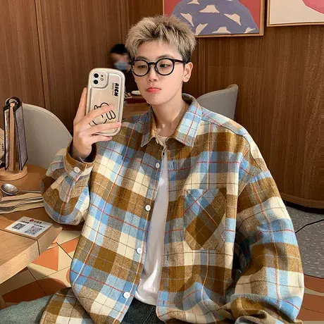 格子长袖衬衫男春秋季2025潮流oversize休闲开衫外套港风宽松衬衣图片
