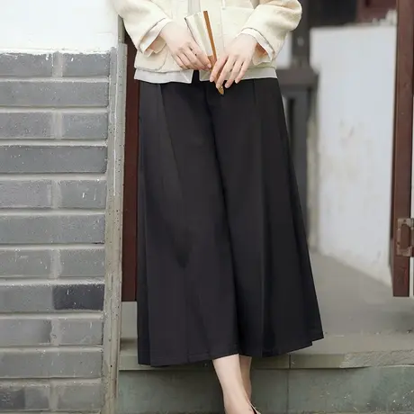 素飞新中式阔腿裤黑色百搭高腰显瘦大脚裤子女改良马面裙裤百褶裤图片