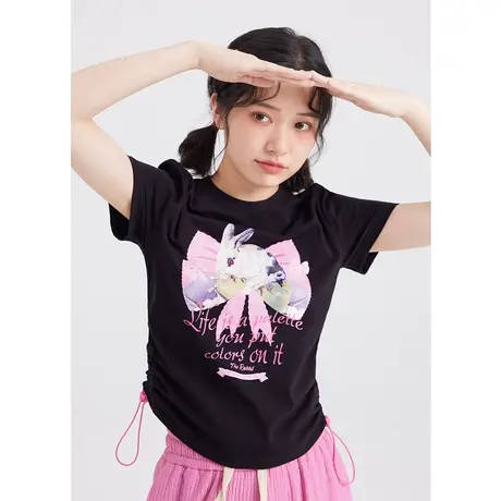 别致甜辣风设计感黑色小众不撞款修身抽绳短款上衣短袖t恤女夏季商品大图