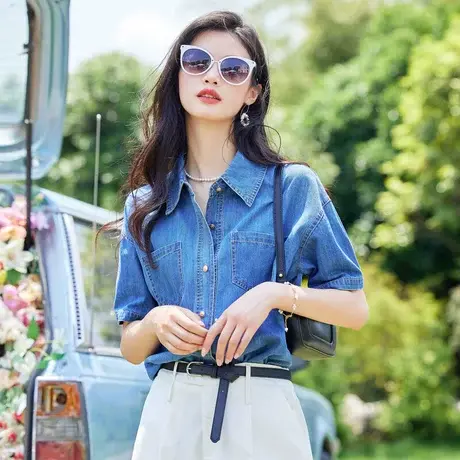 时尚牛仔短袖衬衫2023年夏季新款女士气质简约宽松显瘦通勤上衣图片