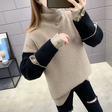 高领毛衣拼接衬衣女假两件冬厚女士加厚2021年新款宽松慵懒风秋冬商品大图