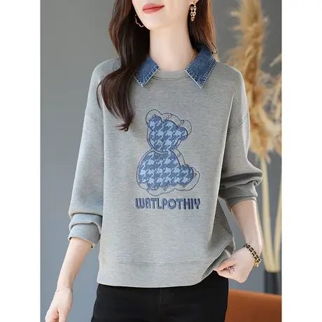 宝诗黎翻领牛仔拼接假两件字母刺绣卫衣长袖落肩上衣2024春季新款商品大图