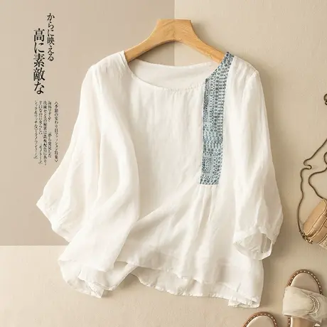 享永子七分袖苎麻上衣刺绣文艺复古宽松显瘦棉麻小衫2024夏季新款图片
