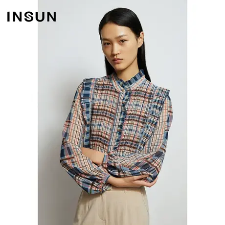 INSUN恩裳秋季格纹撞色拼接桑蚕丝衬衫图片