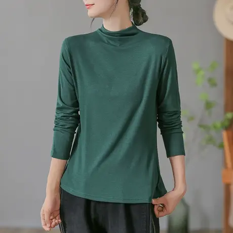 dza复古纯色棉质弹力高领内搭T恤女士春秋宽松打底衫休闲长袖上衣商品大图