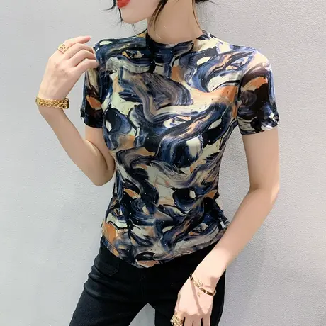 欧货气质网纱上衣女短袖夏季2024新款时尚印花雪纺衫半高领小衫潮图片