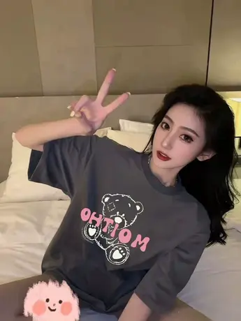 纯棉短袖t恤女2024年春夏季新款oversize美式复古宽松中长款上衣商品大图